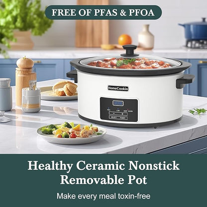 8-Quart Programmable Slow Cooker with Timer Keep Warm - Small Kitchen Appliance for Family Dinners - Serves 6+ People - Heat Settings: Keep Warm(White, Black Liner)