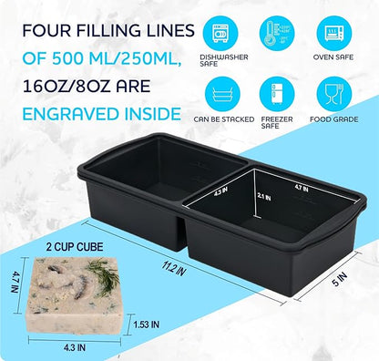 Silicone Freezer Trays with Lid,2-cup Soup Freezer Container large Ice Cube Molds with Reinforced Steel Ring Top for freezing Soup Sauce Broth Leftovers oven Dishwasher -Safe (black)