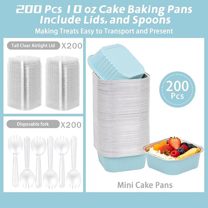 200 Pack 10 oz Square Mini Cake Pans with Lids, Mini Loaf Pans with Lids, Aluminum Foil Square Brownie Baking Cups for Ramekins Muffin Cupcake Wedding Birthday Party (Blue)