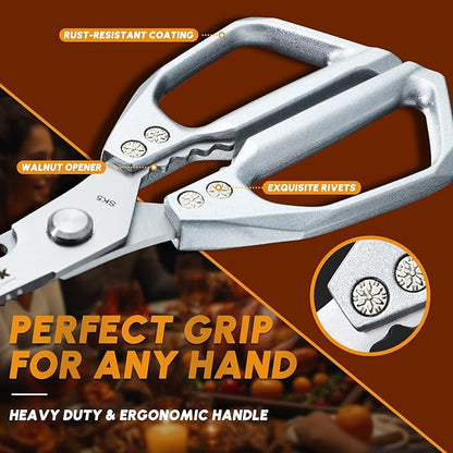 HUUSK Kitchen Scissors and Vegetable Peeler Set - Silver Stainless Steel Cooking Kitchen Shears for Food with Serrated Peeler, Heavy Duty Japanese Style Dishwasher Safe Meat Scissors for all Purpose