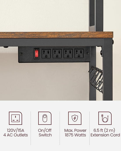 VASAGLE Hutch Bakers Rack with Power Outlet, 14 Hooks Microwave Stand, Adjustable Coffee Bar with Metal Wire Panel, Kitchen Storage Shelf, 15.7 x 23.6 x 66.9 Inches, Rustic Brown and Black UKKS037B01