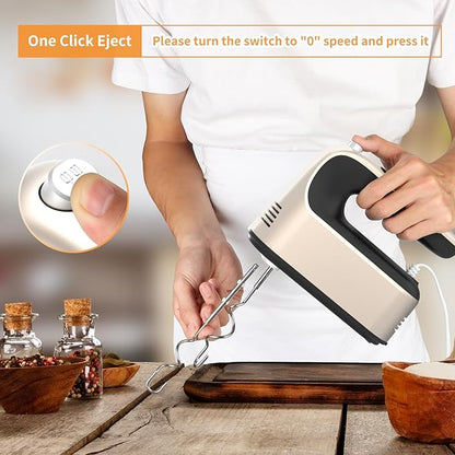 9-Speed Digital Hand Mixer Electric, 400W Powerful DC Motor, Baking Mixer Handheld with Snap-On Storage Case, 5 Stainless Steel Accessories, Flat Beaters, Dough Hooks, Whisk (Champagne Gold)