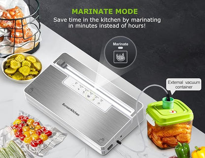 Bonsenkitchen Vacuum Sealer Machine, Stainless Steel Food Sealer Vacuum Sealers with 30 Bags & 1 Roll, 5 Food Vacuum Modes, Built-in Cutter & Bag Storage (White Silver)