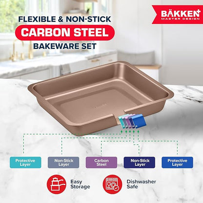 BAKKEN 10-Piece Kitchen Baking Pan Set - Commercial Grade Carbon Steel Bakeware, With Nonstick Coating, Stackable and Space-saving Design, PFOA, PFOS, PTFE Free, Oven Safe Tray (Up To 450°F), Brown