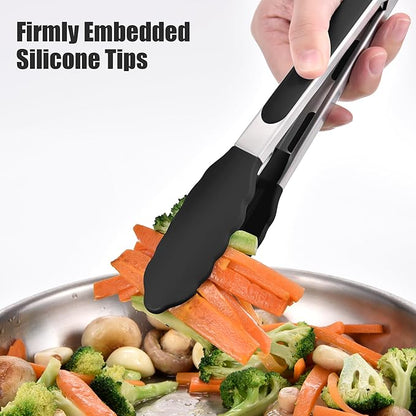 Doosu Kitchen Tongs for Cooking - 600°F Heat Resistant Food Tong with Non-Scratch Silicone Tips, Heavy Duty Stainless Steel Locking Tong for BBQ, Grilling Steak, Serving Salad, Pasta (9in, Black)
