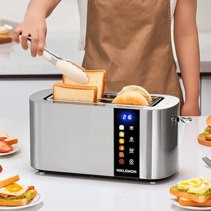 4 Slice Toaster, NIKLEMON Full Stainless Steel Toaster with LED Display, Touch Buttons with Long Extra Wide Slots, Bagel, Defrost, Reheat, Cancel Functions, Removable Crumb Tray, 1300W