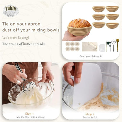 Natural Unbleached Banneton, Sourdough Bread Proofing Basket Kit, 6x 6 Inch Round Mini Basket with BreadMaking Baking Supplies Tools, Banneton Basket Gift Set - Primary Color