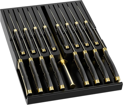 Domax Bamboo In-drawer Knife Block - Knife Drawer Organizer Insert Large Handle Steak Knife Holder, Kitchen Drawer Knife Organizer Fits for 16 knives and 1 Sharpening Steel (Not Included), Black