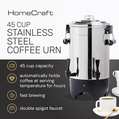 HomeCraft 45-Cup Coffee Urn and Hot Beverage Dispenser with Double Dripless Faucet, Quick-Brewing, Stainless Steel