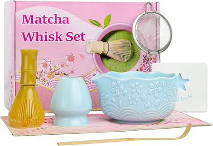 6pcs Matcha Whisk Set Includes Resin Matcha Whisk,Ceramic Matcha Bowl Set and Sifter,Matcha Whisks Holder,Natural Bamboo Spoon and Tea Towel for Matcha Starter Kit Lovers (Blue)