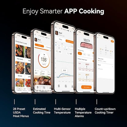 INKBIRD Wireless Meat Thermometer INT-11S-B, Bluetooth 5.4 Thermometer with Ultra-High Detection Accuracy of ±0.5°F, 5 Sensors in 1 Probe Smart Meat Thermometer for Grills, Ovens, Smokers, Air Fryers