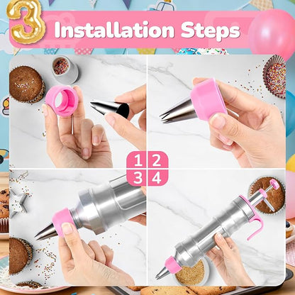 Cake Decorating Tools Supplies Kit: 164pcs Baking Accessories - Piping Bags and Icing Tips Set - Puffs Cupcake Frosting Piping Bakery Set for Adults Beginners or Professional, Pink