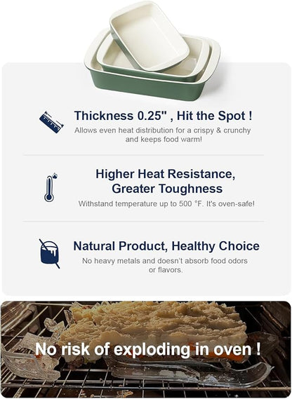 LE TAUCI Deep Casserole Dishes for Oven, 13.7”x9.6” Ceramic Baking Dish Set with Roasting Racks, Large Lasagna Pans with Handles, Rectangular Bakeware as Gift for Mom, Forest Green (4.6QT/3.0QT/1.6QT), Set of 3