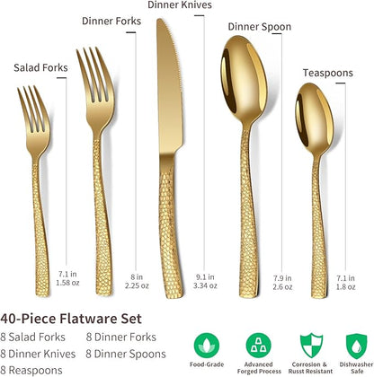 40-Piece Silverware Set, Gold Hammered Stainless Steel Flatware Sets for 8, Food-Grade Tableware Set, Including Fork Knife Spoon Set, Durable Home Kitchen Cutlery Sets, Dishwasher Safe, RX357