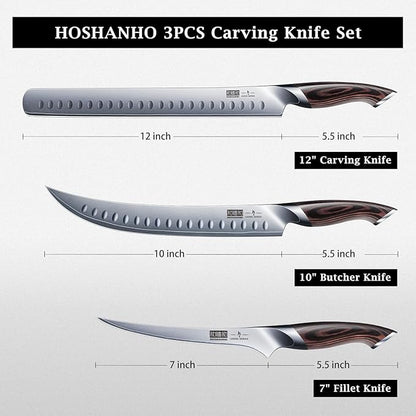 HOSHANHO Carving Knife Set 3PCS, Japanese High Carbon Steel Brisket Slicing Knife Sets with Ergonomic Pakkawood Handle, Butcher Knife Breaking Knife Boning Knife for Meat Cutting