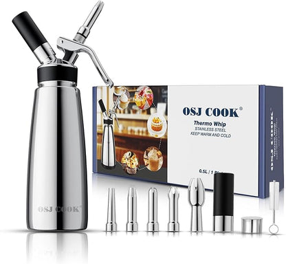 OSJCOOK Whipped Cream Dispenser Stainless Steel Cream Whipper Mirror Finish,500 mL/1 Pint Professional Cream Maker,5 Various Stainless Decorating Nozzles,1 Cleaning Brush,N2O Chargers NOT included