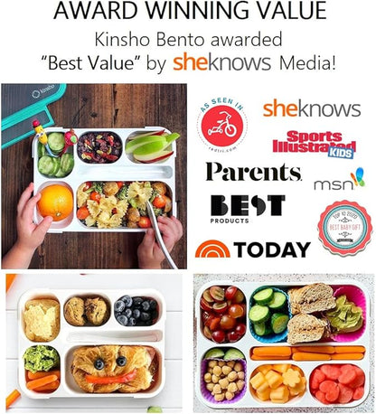 kinsho Bento Box with Lunch Bag and Ice Pack Set | Two Boxes, insulated Bags, Cold Packs for Kids Adults, Value Meal Containers for School Lunches or Snack, 6 Compartments BPA Free, Teal and Orange