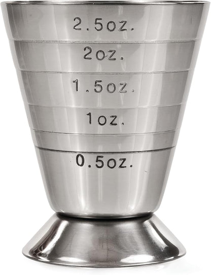True Trio Multi-Unit Drink Measure, Shot Measuring Cup with Oz, Ml, and Tbsp Markings, Stainless Steel 2.5oz Set of 1