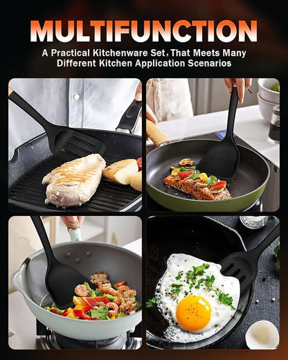 Silicone Wok Spatula Turner Set, Perfect for Scooping, Flipping, Lifting Pancakes and Picking up Veggies, BPA-Free Matte Silicone, Wooden Handles, Safe for Nonstick Cooking Surfaces (Black)
