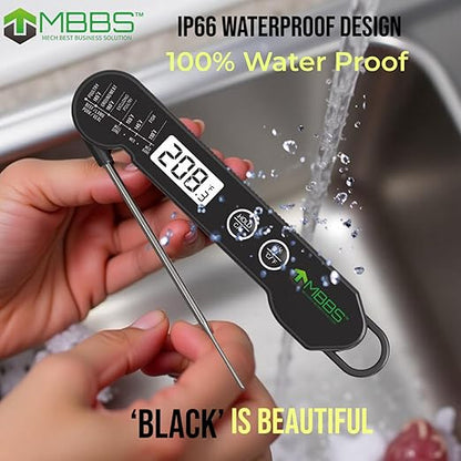 MBBS Meat Thermometer Digital with Foldable Probe | Instant Read, Ultra Fast & Backlit | 100% Waterproof (IP66) | for Kitchen, BBQ, Grill, Smoker | °C/°F Switchable (Black)