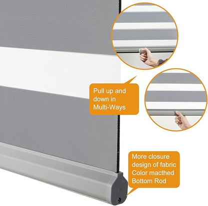 Persilux Cordless Zebra Blinds for Indoor Windows, Free-Stop Zebra Blinds Cordless, Light Filtering Sheer Shades Dual Layer for Day and Night, Zebra Roller Shades for Home (34.25" W X 47" H, Grey)