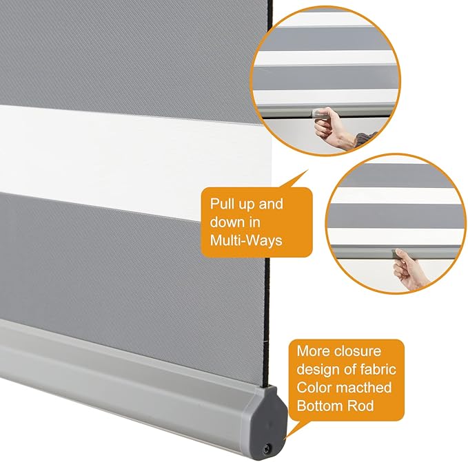 Persilux Cordless Zebra Shades (47" W X 72" H, Grey) Free-Stop Window Shades Dual Layer Light Control for Day and Night, Light Filtering Sheer Blinds for Windows, Easy to Install