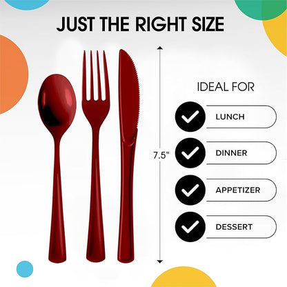 Party Solids Burgundy Plastic Silverware Heavy Duty 300 Pieces Burgundy Plastic Cutlery Sets, Utensil Sets, 100 Of Each Forks, Knives & Spoons Disposable Cutlery Set, Flatware Set For Party Supplies