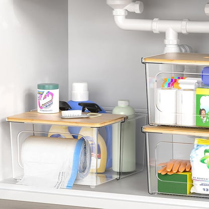 Trash Bag Dispenser Holder - 2 in 1 Clear Acrylic Plastic Garbage Bags Container With Bamboo Lid Storage Box for Kitchen Pantry Laundry Room Organization, Large Trash Bag Organizer Under Sink