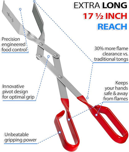 Shark BBQ Grill Tongs - 17 inch Red. Professional kitchen and outdoor grilling utensil. Long reach Barbeque Grilling Tongs. Ideal for steak, fish, burger, and sausage