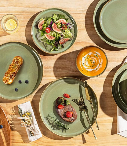 TheTerra Ceramic Dinnerware Sets for 6, 18 Pieces Handmade Reactive Glaze Plates and Bowls Set, Scratch Resistant Dish Set, Oven & Microwave & Dishwasher Safe, Brown Green
