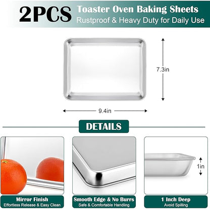 E-far Small Baking Sheet with Wire Rack (2 Pans + 2 Racks), Stainless Steel Cookie Sheets Trays & Cooling Rack for Toaster Oven, Non Toxic & Warp Resistant, Oven & Dishwasher Safe, 9.4 x 7.3 x 1 Inch