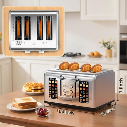 4 Slice Touch Screen Toaster, Stainless Steel Toaster with Wide Slots for Bagels and Bread, Reheat/Defrost/Cancel Functions, Removable Crumb Tray, Silver