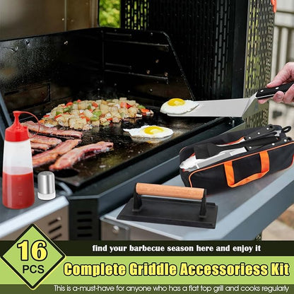 HaSteeL 16PCS Griddle Accessories Set, Stainless Steel Flat Top Grilling Tools Kit with Enlarge Spatula Scraper Basting Cover Burger Press for Outdoor Barbecue Teppanyaki Cooking, ABS Handle