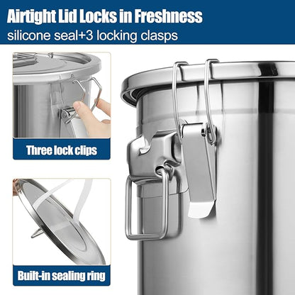 304 Stainless Steel Airtight Canister 5.55Gal /710.4oz/21L Airtight Food Storage Container with Lid and Lock Clips, Large Metal Storage Canister for Coffee Beans, Flour, Tea, Sugar, Cereals