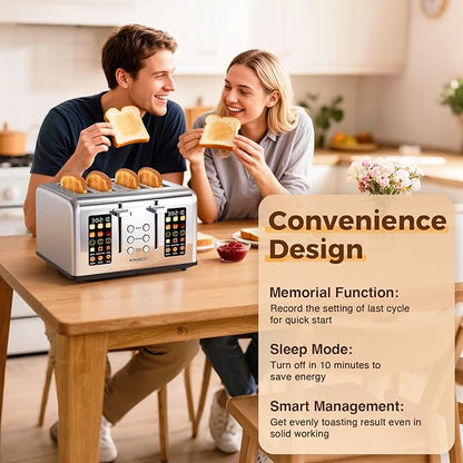 4 Slice Touch Screen Toaster, Stainless Steel Toaster with Wide Slots for Bagels and Bread, Reheat/Defrost/Cancel Functions, Removable Crumb Tray, Silver
