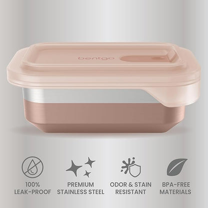 Bentgo MicroSteel Heat & Eat Container – Microwave-Safe, Leak-Proof, Easy-to-Clean, Lightweight Stainless Steel Reusable Food Storage with Airtight Silicone Lid (Snack Size; 2-Cup Capacity; Rose)