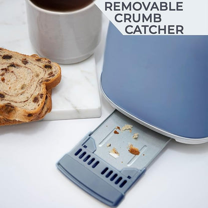 Rae Dunn Retro Rounded Bread Toaster, 2 Slice Stainless Steel Toaster with Removable Crumb Tray, Wide Slot with 6 Browning Levels, Bagel, Defrost and Cancel Options, Navy