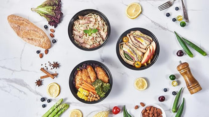 FULING 32 oz 50 ct Round Meal Prep Containers with Lids Plastic Food Storage Lunch Plan To Go Box Disposable Take Out Bowls Black BPA Free Reusable Durable Stackable Microwave Freezer Dishwasher Safe