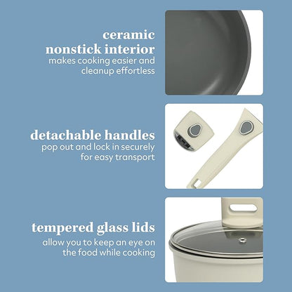 Sur La Table Kitchen Essentials 13 Piece Detachable Handle Pots and Pans Premium PFA Free Premium Ceramic Non Stick Induction Safe and Secure Removable Handle Cookware Set - Eggshell White