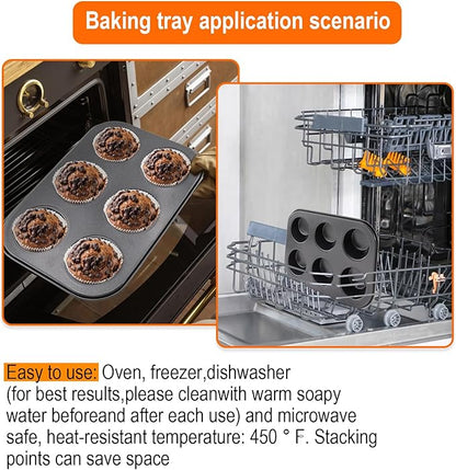 2 Packs Round Muffin Baking Pan, Premium Steel Muffin Pan for Baking, Cupcake Tin Cheesecake Pans, Bakeware Muffin Top Pan (6 Cups,Black)