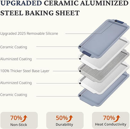 BRONYPRO Non Stick Ceramic Baking Sheet Pan Set of 3, Natural Non Toxic Cookie Sheets for Baking - PFOA, PTFE Free, Heavy Duty Aluminized Steel Oven Trays for Cooking with Silicone Handles, Navy