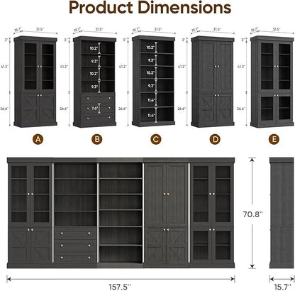 70.8" Tall Black Bookshelf, Farmhouse Modular Bookcase with 6-Tier Adjustable Shelves, Large Storage Cabinet for Home Office, Living Room, Set of 2