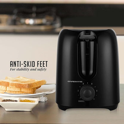 OVENTE Electric 2 Slice Toaster Machine with 6-Shade Browning Selector Setting, Compact Design and Removable Crumb Tray, 700W Power Perfect for Toasting Bread, Thin Bagels and Waffles, Black TP2210B