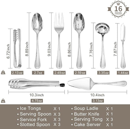 KINGSTONE 16 Piece Teardrop Serving Utensils Set, 18/10 Stainless Steel Serving Utensils, Slotted Spoons, Forks, Tongs, Cake Server, Butter Knife for Buffet, Catering, Wedding, Party
