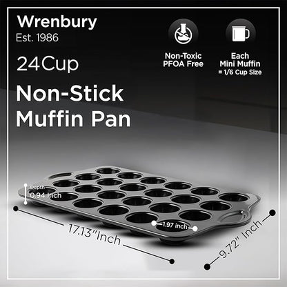Wrenbury Mini Muffin Pan Non Toxic - Non Stick 24 Cup Small Cupcake Tray for Baking Joyful Bites - Dishwasher Friendly - Health Concious Baking - 1.8" Cup