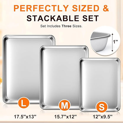 Baking Sheet Set of 3, Commercial Grade Stainless Steel Cookie Sheets for Baking, 12/16/17.5 Inch, Thicker and Firmer Baking Pans Set, Rust & Warp Resistant & Nonstick, Nontoxic&Heavy Duty&Easy Clean