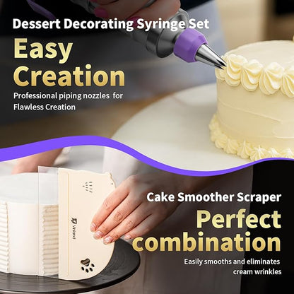 Dessert Decorating Syringe Set icing piping kit Stainless Steel frosting piping kit with 31 professional piping tips 50 disposable piping bags 1 silicone spatula 1 set of soft cake scrapers, Purple