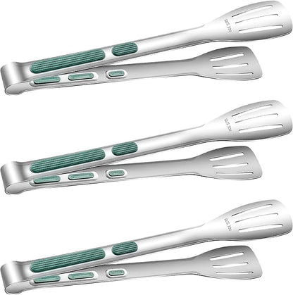 Stainless Steel Kitchen Tong Set - Anti-Slip Heat-Resistant Grip, Widened 3-Line Slotted Heads for Easy Clamping (Steaks, BBQ, Pasta, Salads), Easy Clean for Versatile Use Set of 3-11", Green