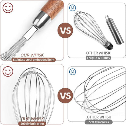 Stainless Steel Wire Cooking Whisk, Multi Function Kitchen Hand Whisk Non Stick Balloon Whisk Egg Beater for Blending Whisking Beating Frothing Stirring Batters,Wooden Handle (11""L x 2.1""W)