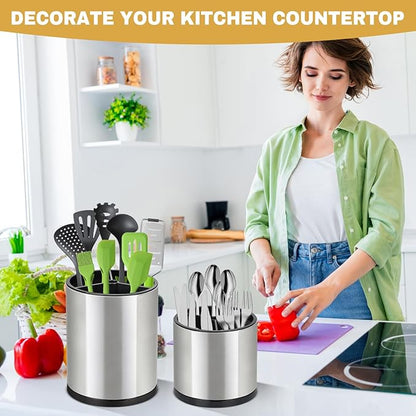 2Pack Kitchen Utensil Holder Set - 360° Rotating Stainless Steel Large Cooking Utensil Stand for Counter, 3 Compartment Flatware Caddy with Removable Base for Knife, Fork & Spoon Organizer - Sliver